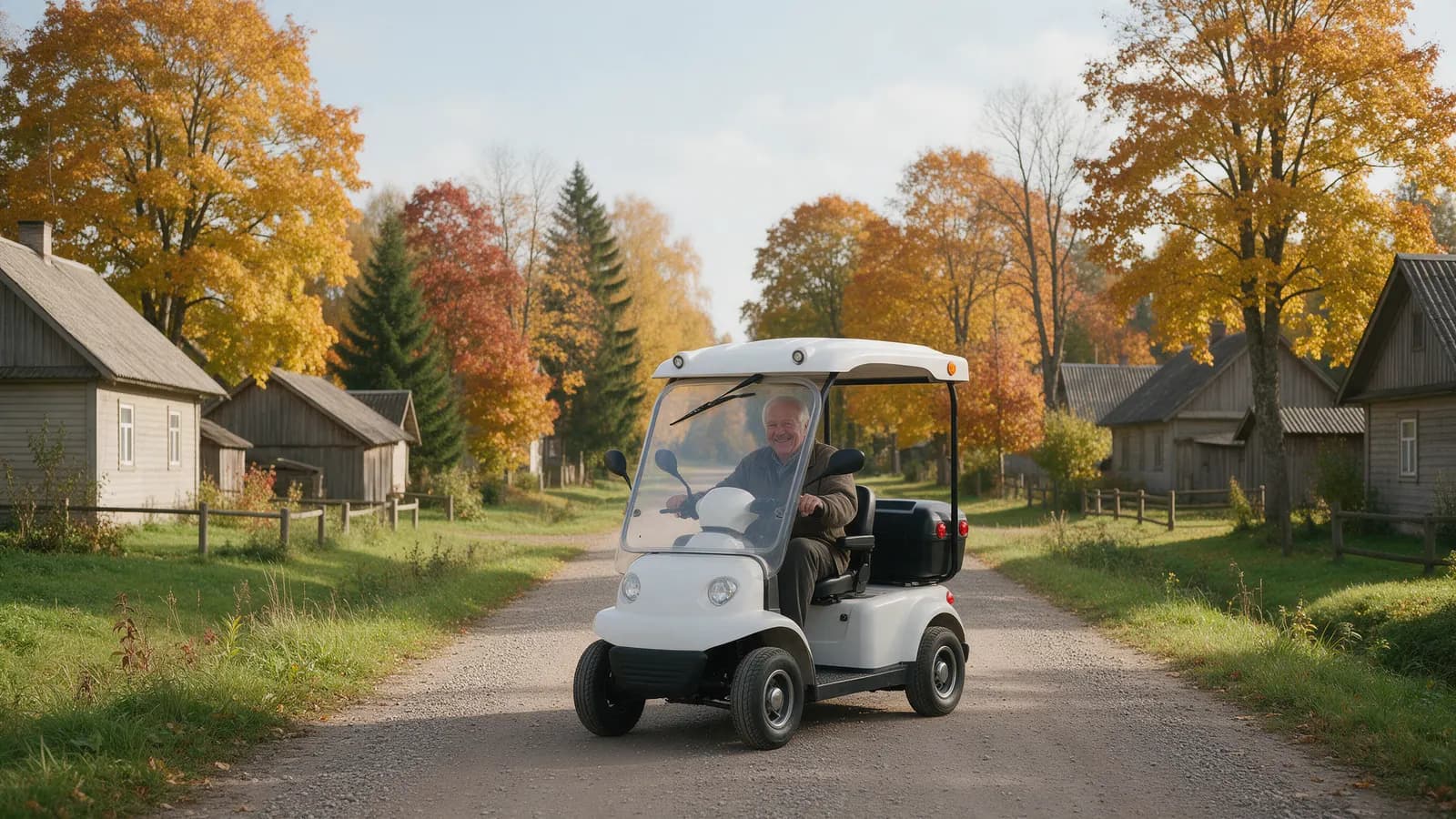 Senjoras važiuoja elektriniu keturračiu motoroleriu su stogu kaimo gatve rudenį