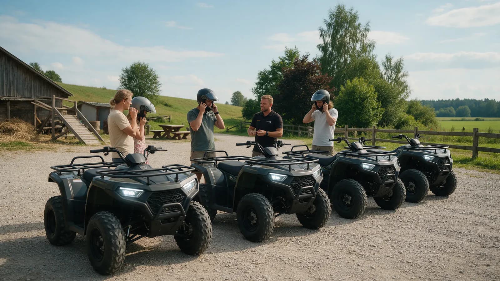 Grupė žmonių užsideda šalmus prie nuomojamų keturračių kaimo sodyboje