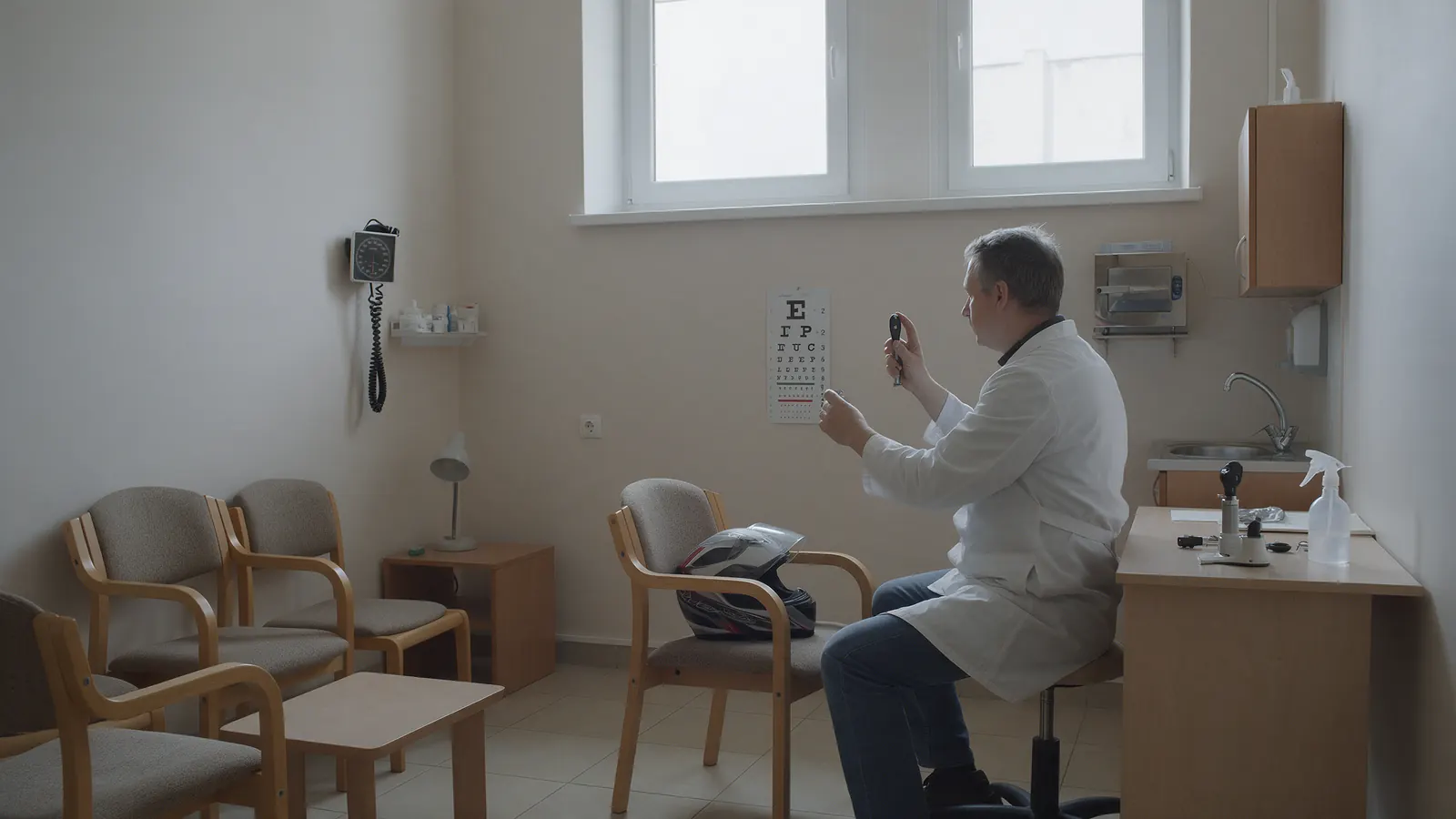 Gydytojas tikrina regėjimą, ant kėdės motociklininko šalmas