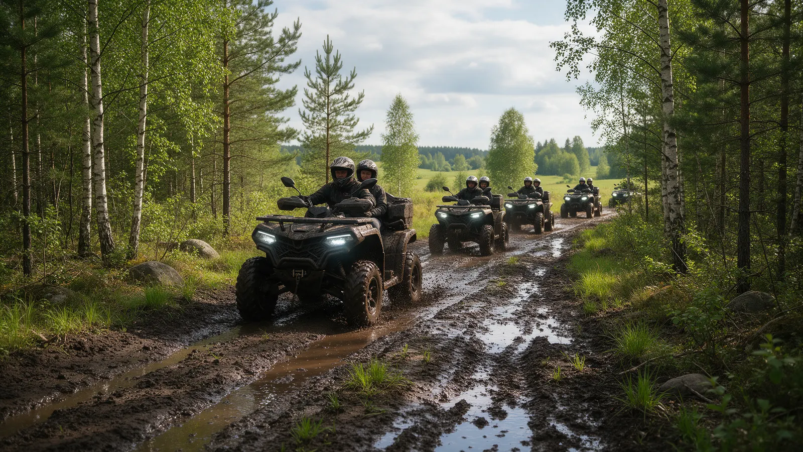 Keturračių vilkstinė su vairuotojais ir keleiviais purvinu miško keliu