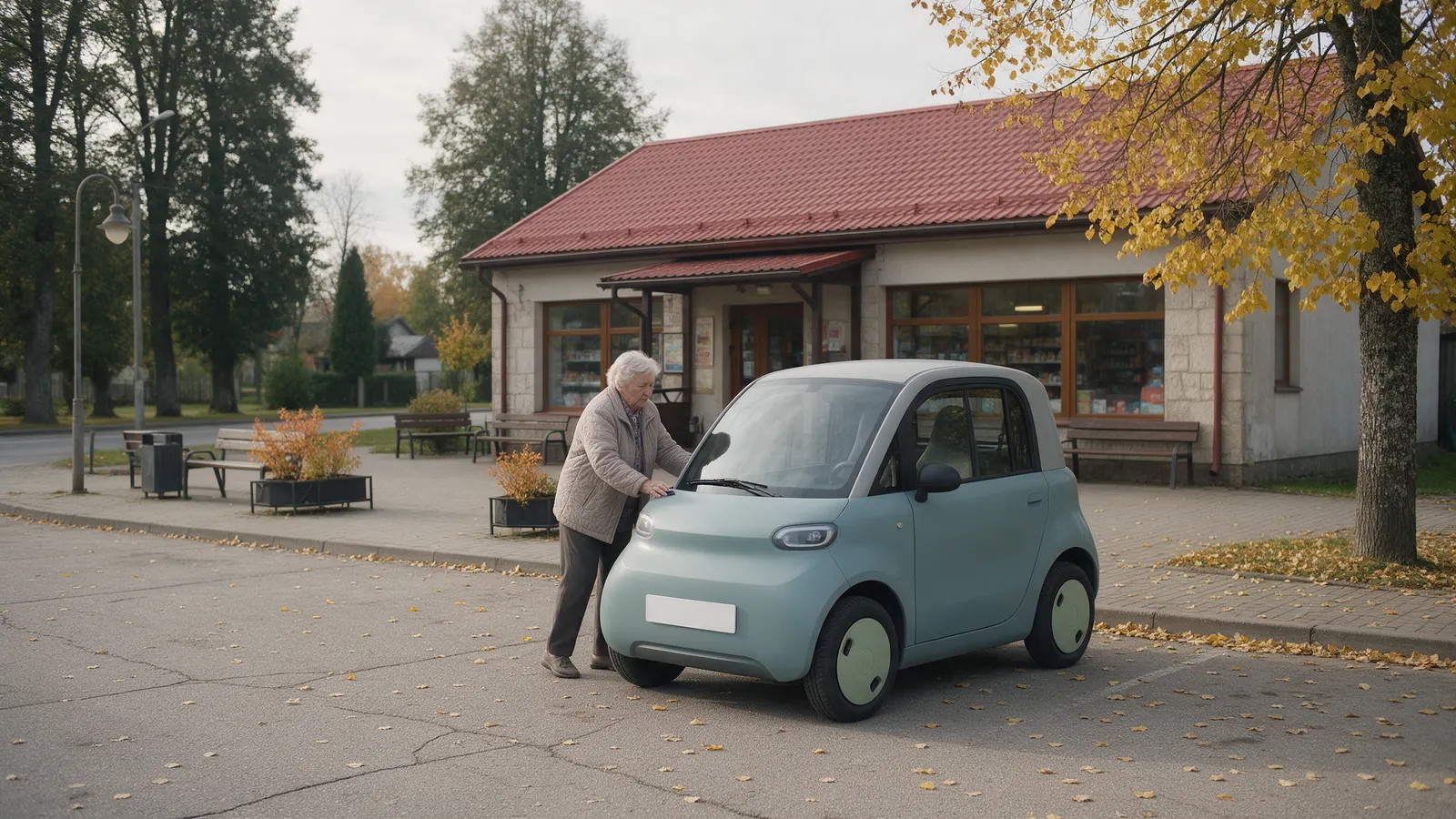 Senjorė prie elektrinio mini automobilio su kabina prie parduotuvės
