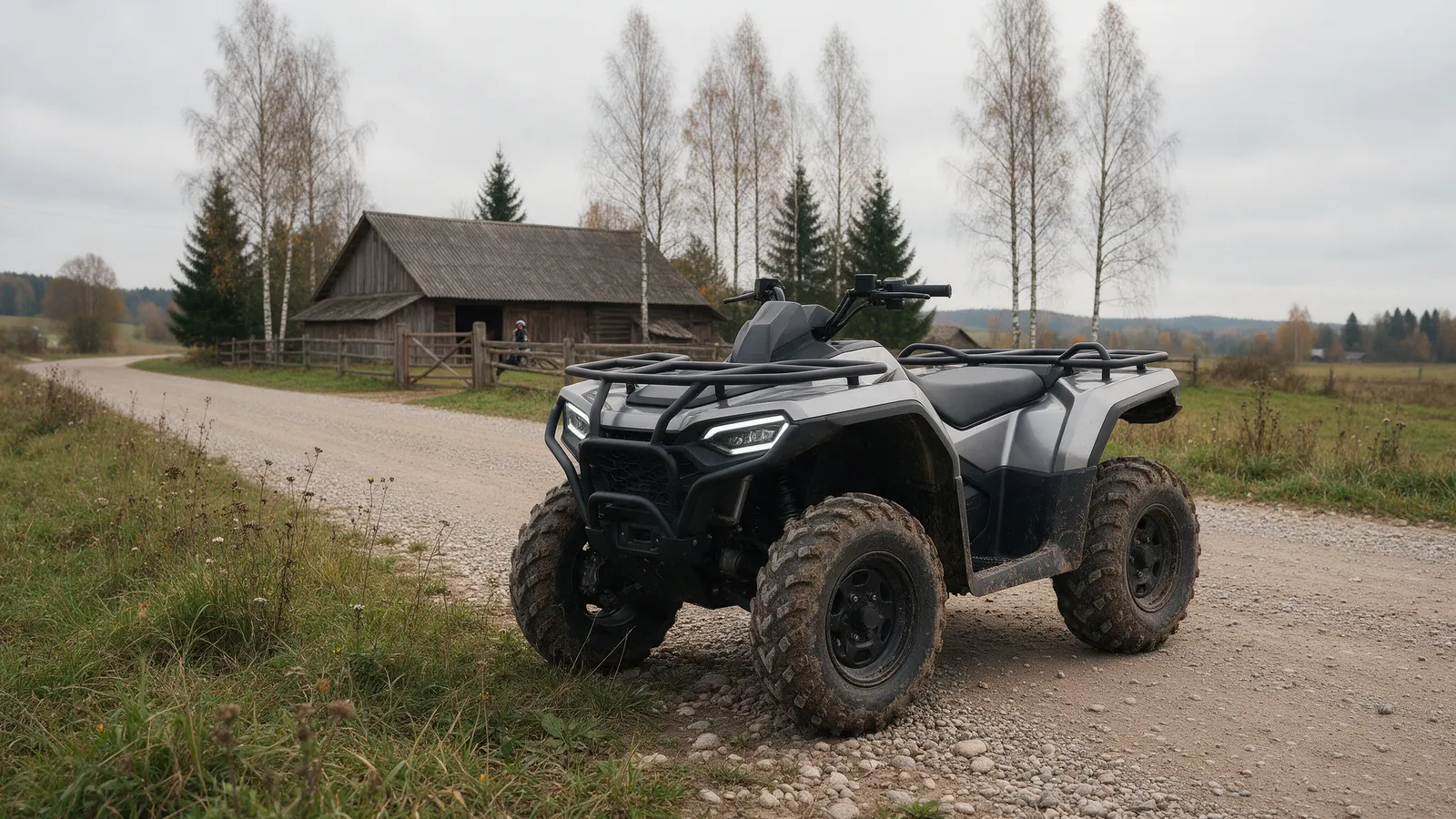 Pilkas keturratis su LED žibintais ant žvyrkelio prie kaimo sodybos