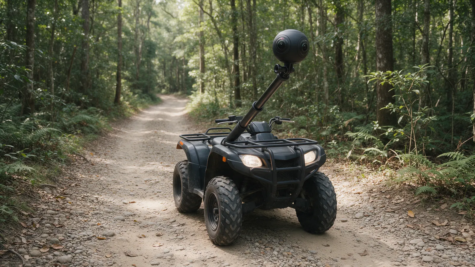 360 laipsnių kamera ant ilgo laikiklio prie keturračio miško keliuke